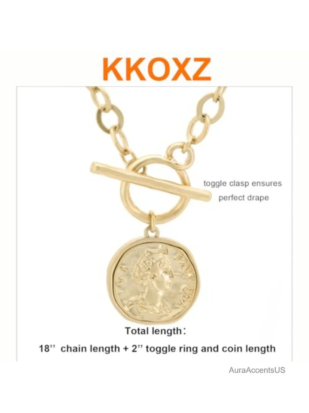 18K Gold Plated Chunky Coin Necklace Vintage Toggle Chain 18 Inch Statement